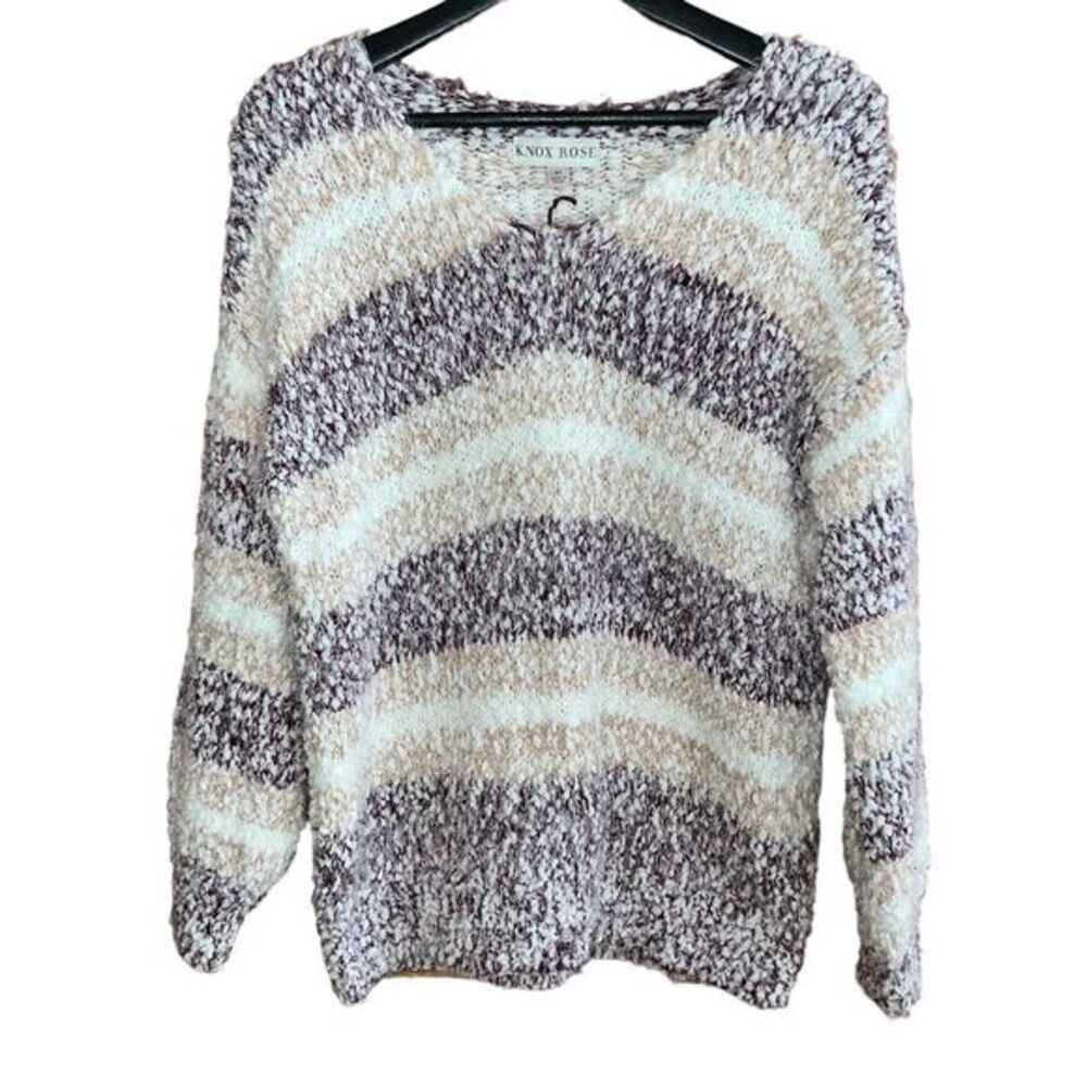 Knox‎ Rose Sweater Womens M Cream Tan Berry Striped Eyelash Knit NWT